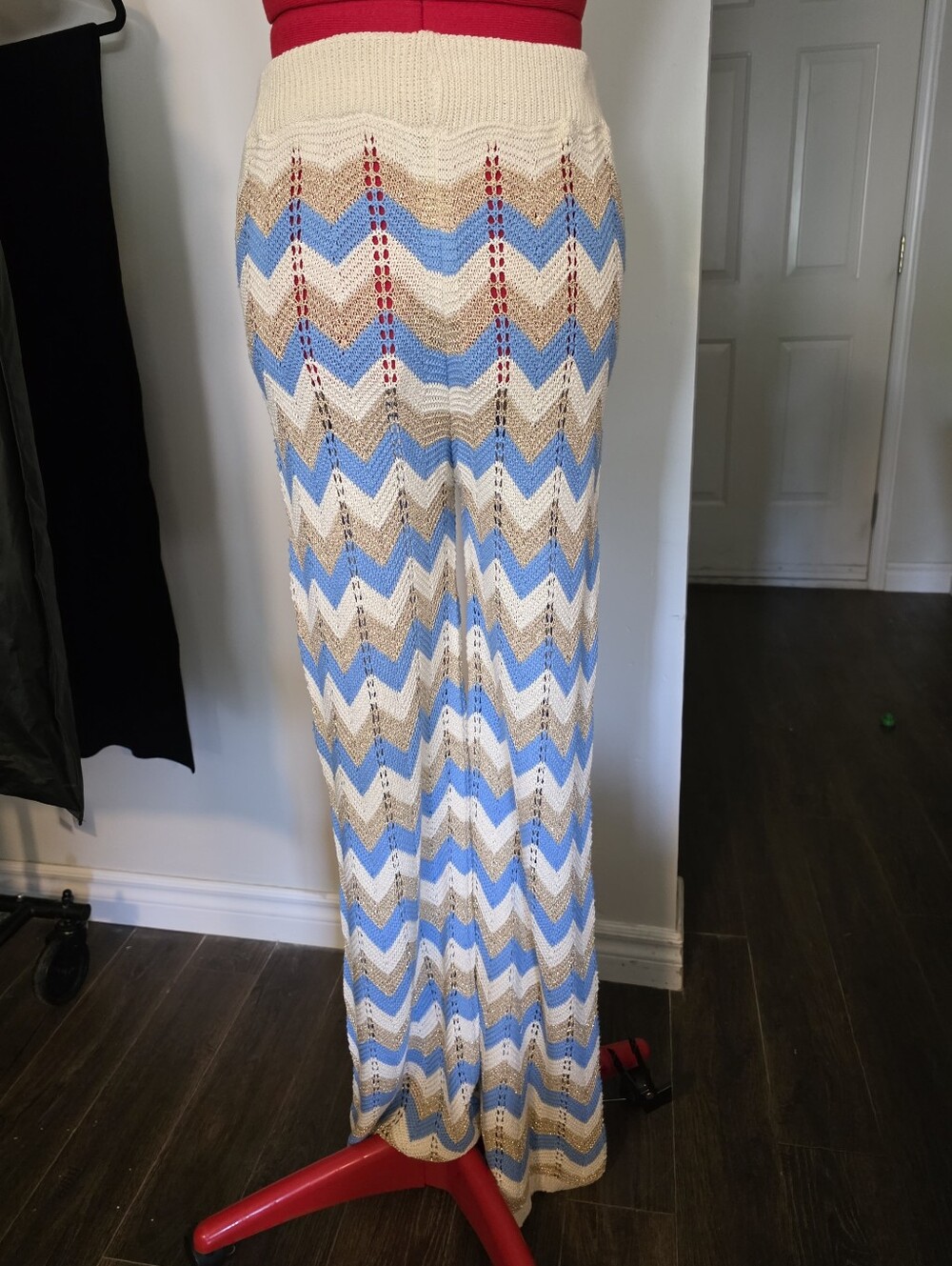 Chevron Crochet Knit Pants in Cream, Blue & Gold